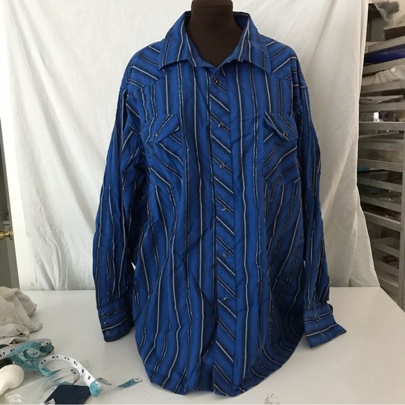 Wrangler Western Premium Snap Button Shirt Size 2XL Blue and Silver Stripes EUC - Picture 6 of 14